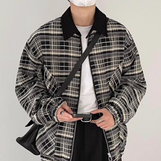 【HOT 本舖】男裝 美式街頭復古格紋外套男春秋季潮牌高階感寬鬆休閒飛行員夾克上衣
