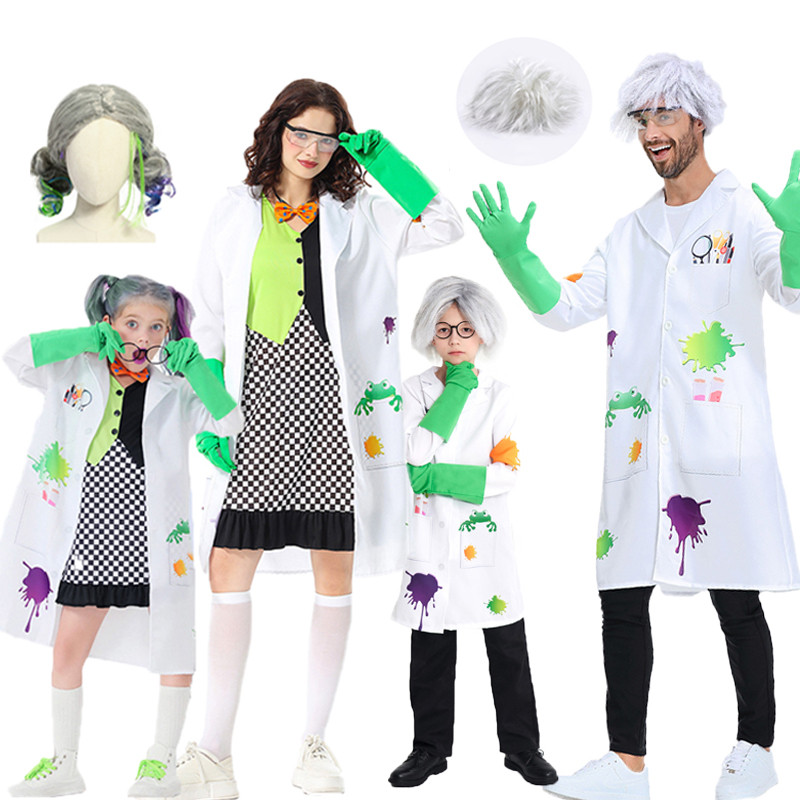萬聖節瘋狂瘋狂瘋狂科學家服裝兒童男孩女孩邪惡醫生角色扮演成人男士女士實驗室外套手套假髮服裝