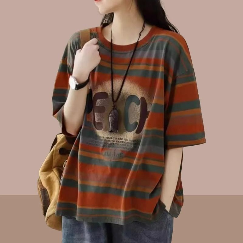 《現貨下單》復古夏季新款條紋短袖t恤女士上衣爆款大尺碼女裝遮肚子大尺碼女裝夏天女裝遮肚女裝夏日女裝春季女裝女裝短袖早春