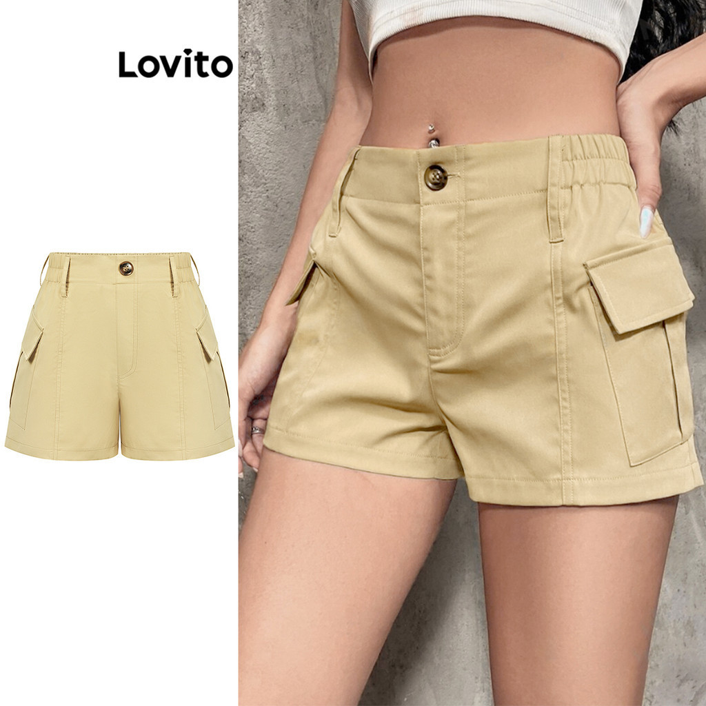 Lovito 女士休閒素色口袋短褲 L86ED025