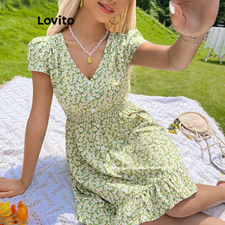 Lovito 波西米亞女款花卉美背抽繩洋裝 LNL35066 (綠色)