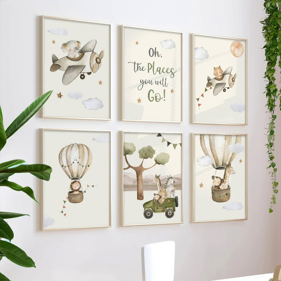 叢林動物長頸鹿獅子熱氣球飛機牆壁藝術帆布繪畫海報和印刷圖片嬰兒兒童房裝飾