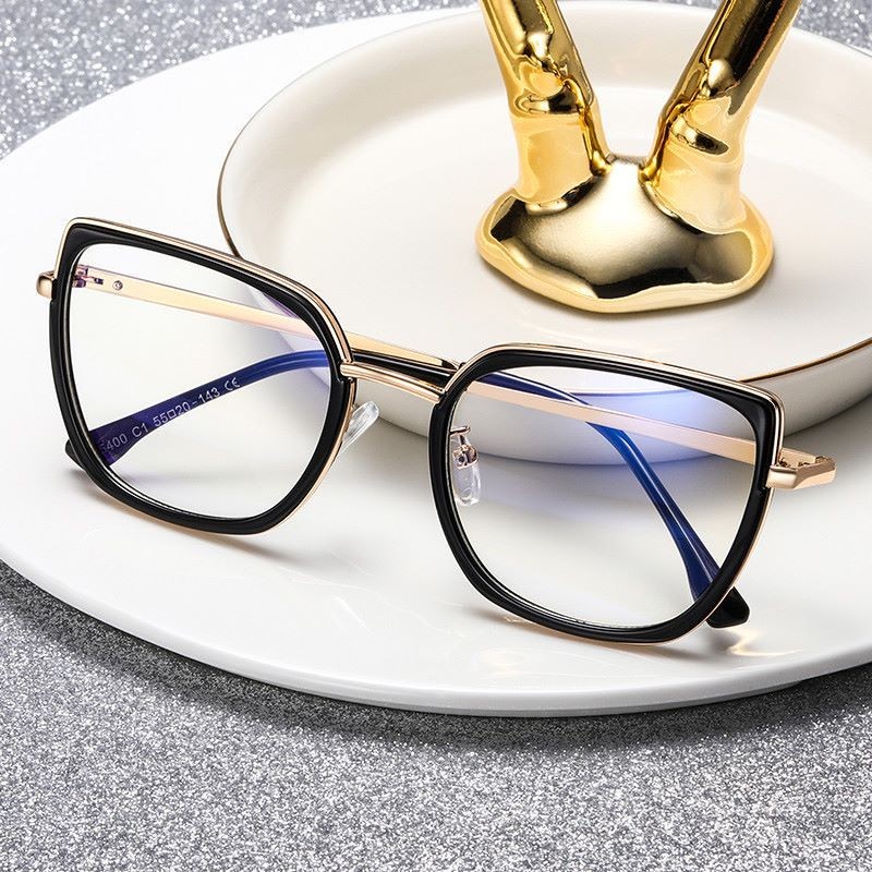 女士藍光眼鏡貓眼透明鏡片 tr90 半金屬眼鏡框女適用於電腦黑色灰色粉色女士