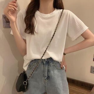 M-4XL 大尺碼冰絲短袖t恤女夏季薄款白色寬松正肩體恤別致獨特坑條上衣ins百搭