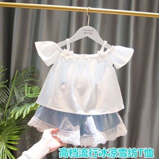 韓版 女童 雪紡短袖T恤 2024新款 夏女寶寶 露肩吊帶嬰幼兒童時尚洋氣上衣
