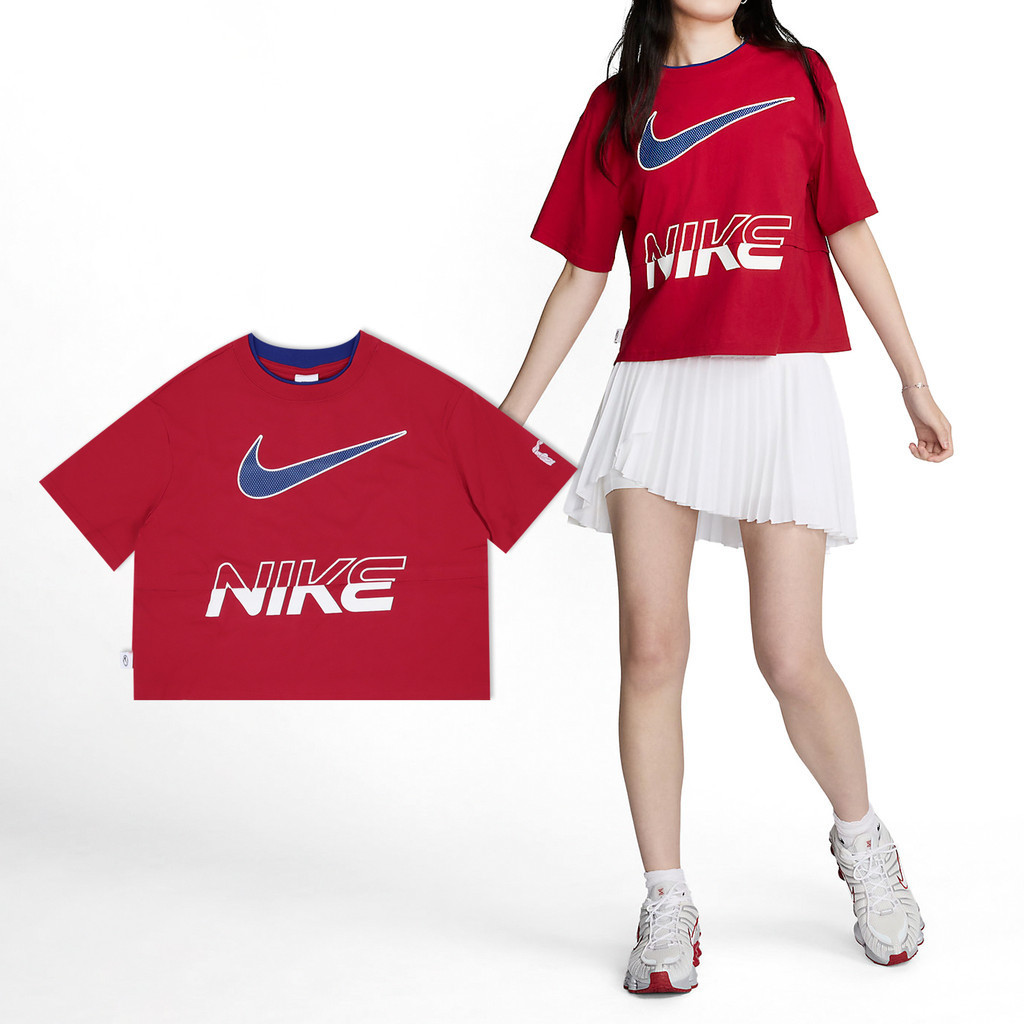 Nike 短袖 NSW 女款 紅 短T 寬鬆 大勾 復古 拼接 [ACS] HF6291-687