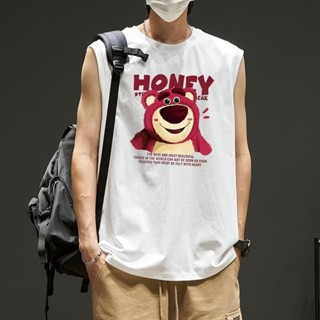 M-5xl 時尚夏季男士無袖背心T恤韓國街頭卡通草莓熊印花時尚上衣超大圖案T恤白色深灰色湖藍色寬鬆服裝