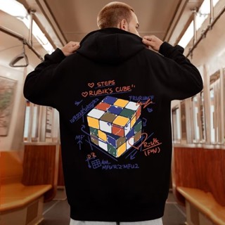 🔥48H出貨 M-8XL 韓系魔方印花連帽大學T 大尺碼帽衫男 oversize 秋冬季加厚刷毛上衣 套頭長袖運動帽T