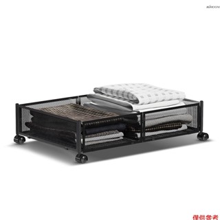 家居鐵藝床下收納箱帶輪 多功能家用宿舍玩具衣服書籍鞋子儲物箱 可視網格 可摺疊床下收納抽屜帶手柄 黑色 1個裝