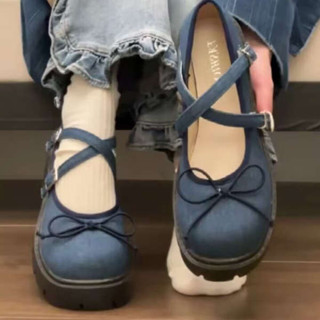 厚底鞋 瑪莉珍鞋 瑪莉珍涼鞋 時尚部落日系牛仔風瑪麗珍單鞋子女2023年夏天新款復古厚底小皮鞋