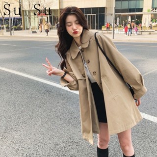 【SuSu】韓版中長版風衣外套 卡其色 燈籠袖 風衣外套女 大衣外套 秋天外套 女生外套 小個子風衣外套 大衣外套