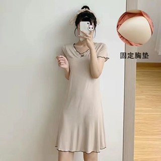 帶胸墊莫代爾睡裙女短袖夏天薄款免內衣寬鬆大尺碼睡衣家居服可外穿