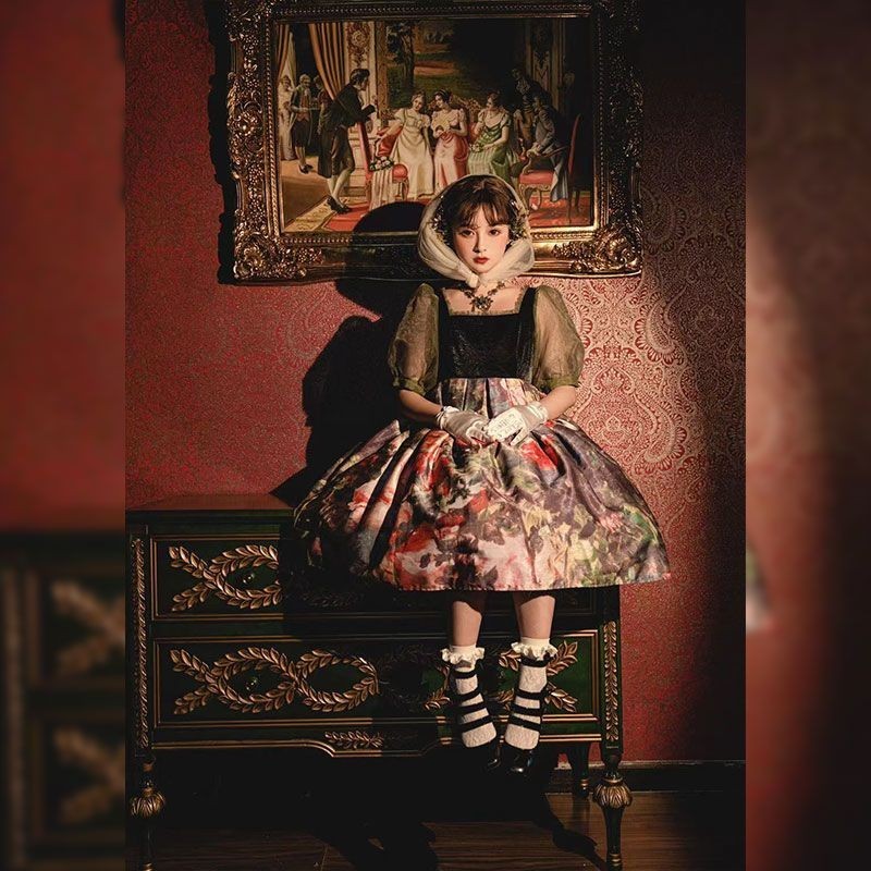 【全款】復古蘿莉塔洋裝油畫柄Lolita裙子短袖OP裙子tt24411