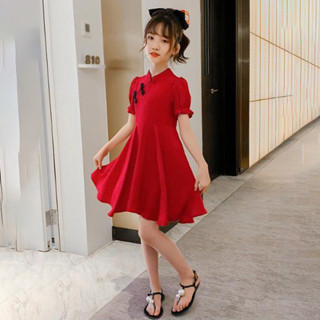 嬰兒旗袍連衣裙兒童女孩紅色短袖連衣裙兒童女孩中式兒童連衣裙 4-13 歲【IU貝嬰屋】