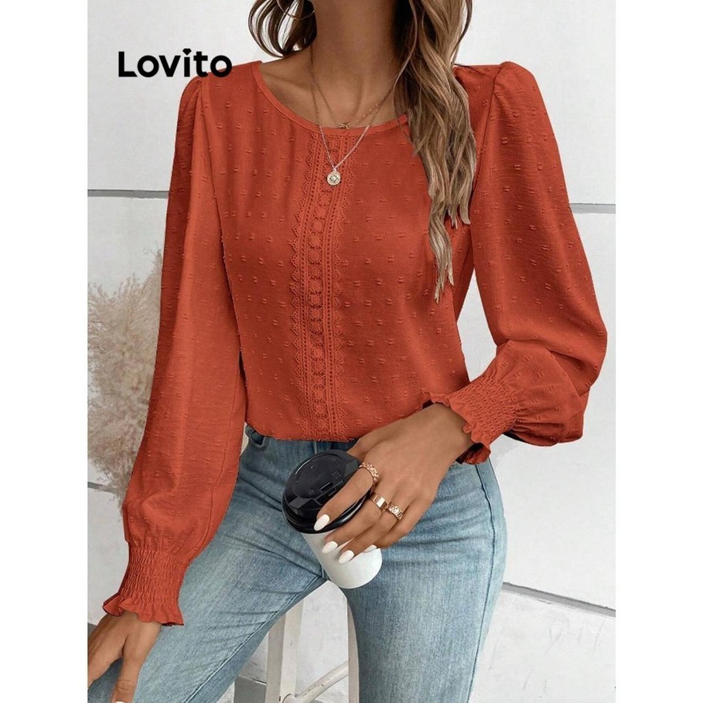 Lovito 女士休閒素色荷葉邊抽褶襯衫 LNL57173