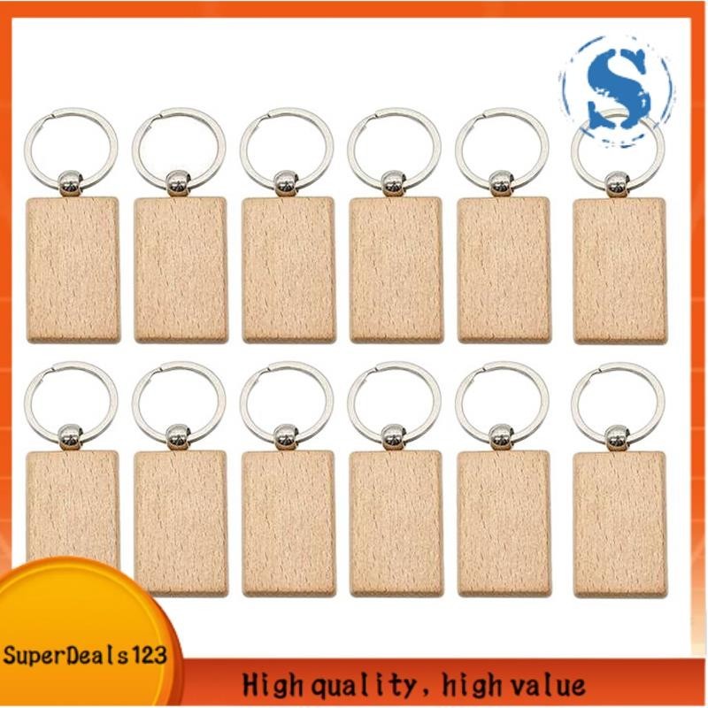 【SuperDeals123】12 件空白木製鑰匙扣矩形鑰匙扣標籤木製鑰匙扣鑰匙圈 DIY 工藝