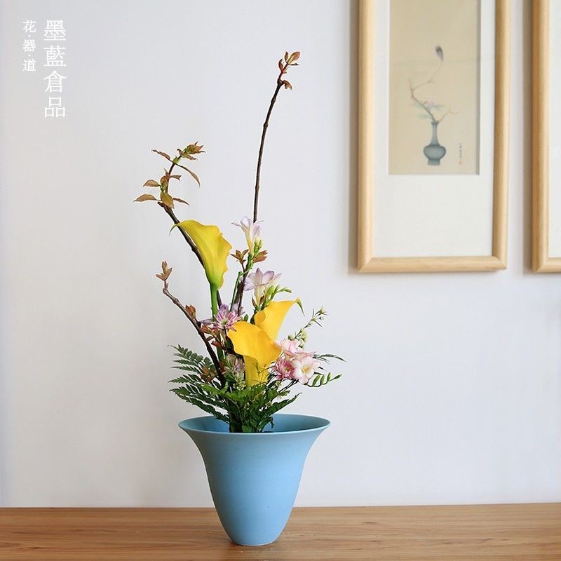 好品質池坊生花花器花瓶日本花道手工陶瓷磨砂藍色淡藍立花日式插花禪意