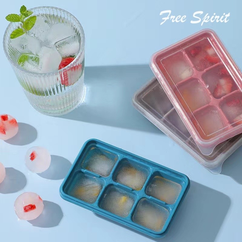 【Free Spirit】6格迷妳矽膠按壓式冰塊盒 食品級 繽紛軟底 冰格模具 冰塊模具 大方塊制冰盒 製冰盒 快速脫模