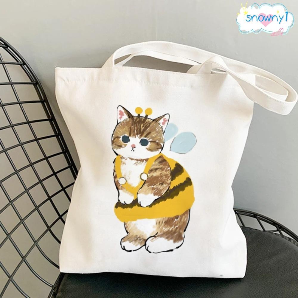 SNOWNY1卡通印花包包,可愛Cat印刷帆布單肩包,休閒手提袋