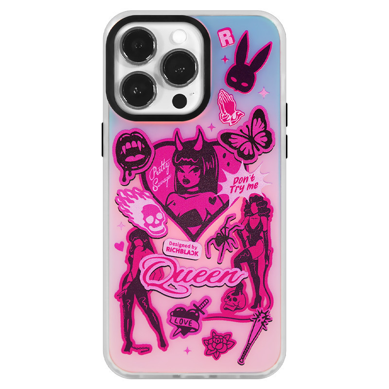 RichBlack原創設計Queen粉色貼圖彩繪印花IMD鐳射漸變手機殼適用於蘋果15iPhone14ProMax