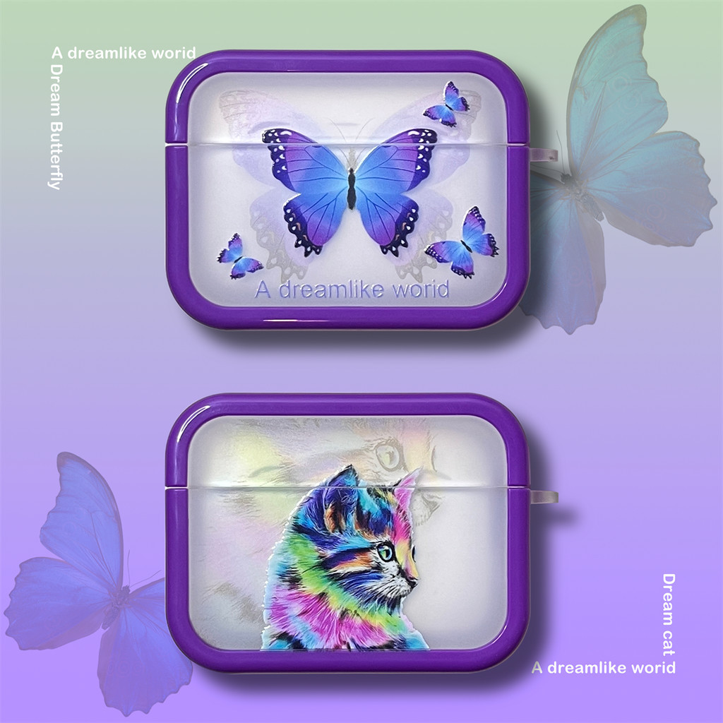 紫色蝴蝶貓咪airpods1/2代3保護套適用蘋果保護殼AirPodsPro2