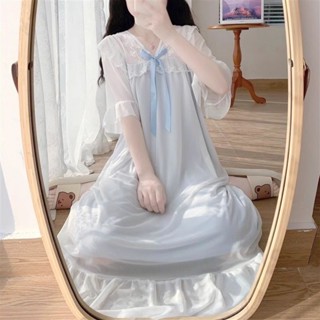 M-4XL現貨 大尺碼連身睡裙女【店鋪熱銷】夏季新款網紗睡裙女可愛宮廷風舒適可愛睡衣夏天家居服短袖裙夏款娃娃領短袖睡裙女
