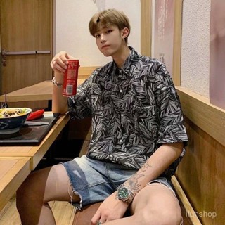 【現貨 現髮】夏季港味複古短袖襯衫夏威夷風休閒樹葉印花襯衣情侶紮染上衣男
