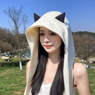 小惡魔綁帶速幹防曬遮陽帽 女 薄款護耳頭巾帽子 可愛貓耳朵小眾出遊帽 防曬帽 遮陽帽 太陽帽 防紫外線帽 貓耳朵遮陽