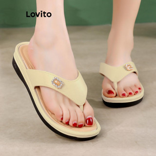 Lovito 休閒素色珍珠水鑽厚底軟底外穿女平底涼鞋 LFA60399