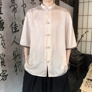 男士亞麻冰絲短袖襯衫民族風大尺碼盤扣素色百搭中式棉麻短袖襯衫日系復古透氣排汗唐裝漢服茶服禪服居士服太極服現貨