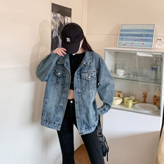 【HOT 本舖】 實拍~牛仔長袖外套女春季新款復古BF翻領時尚百搭外搭上衣潮