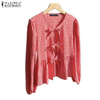 Zanzea 女式韓版休閒圓領長袖格子寬鬆上衣