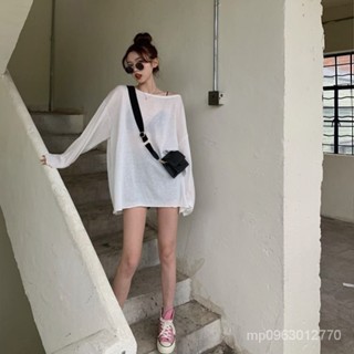 BA【限時特賣】 長袖上衣 長袖T恤 辣妹上衣 女生上衣 防曬衣女學生韓版寬鬆夏季網紅冰絲鏤空中長款白色長袖T恤上衣in