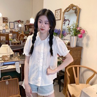 【HOT 本舖】 純棉襯衫可愛軟妹娃娃領夏季短袖蕾絲泡泡袖大翻領花邊可內搭上衣