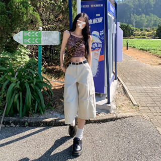 【HOT 本舖】 實拍2025美式復古大口袋工裝七分牛仔短褲女設計感天絲褲闊腿中褲