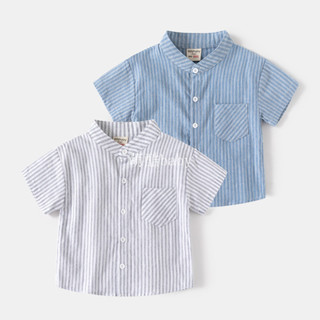 萌酷baby✨2024男童夏裝 兒童短袖條紋襯衫 男童韓版休閒上衣 寶寶休閑短袖襯衫 男童短袖上衣