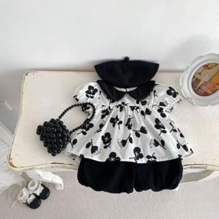 【現貨免運 】新款女童韓版套裝女寶寶花朵短袖娃娃衫純色花苞短褲兩件套