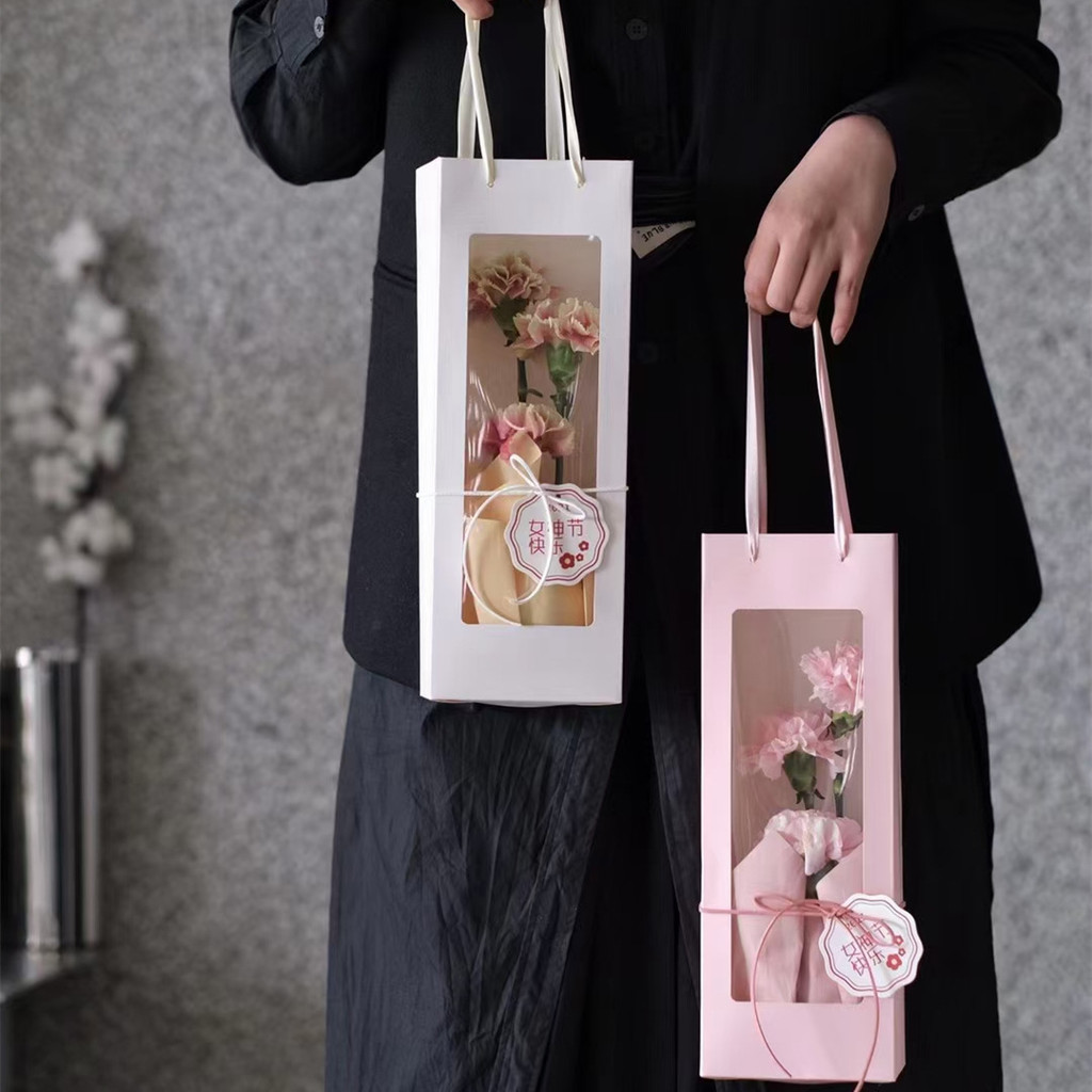 花束包裝材料 網紅櫥窗袋單支花盒 玫瑰花束包裝袋 禮品袋 透明38節鮮花手提袋