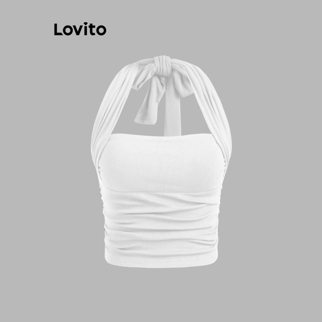 Lovito 女士休閒素色褶襉抽繩背心 L86ED101