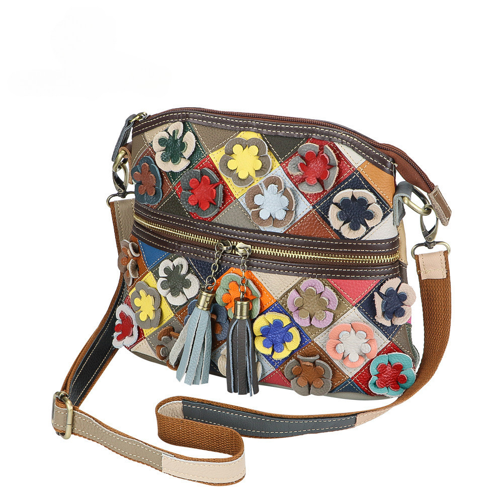 Royal Bagger 皮革斜挎包,大容量彩色拼接花朵單肩包,女式挎包錢包 1729