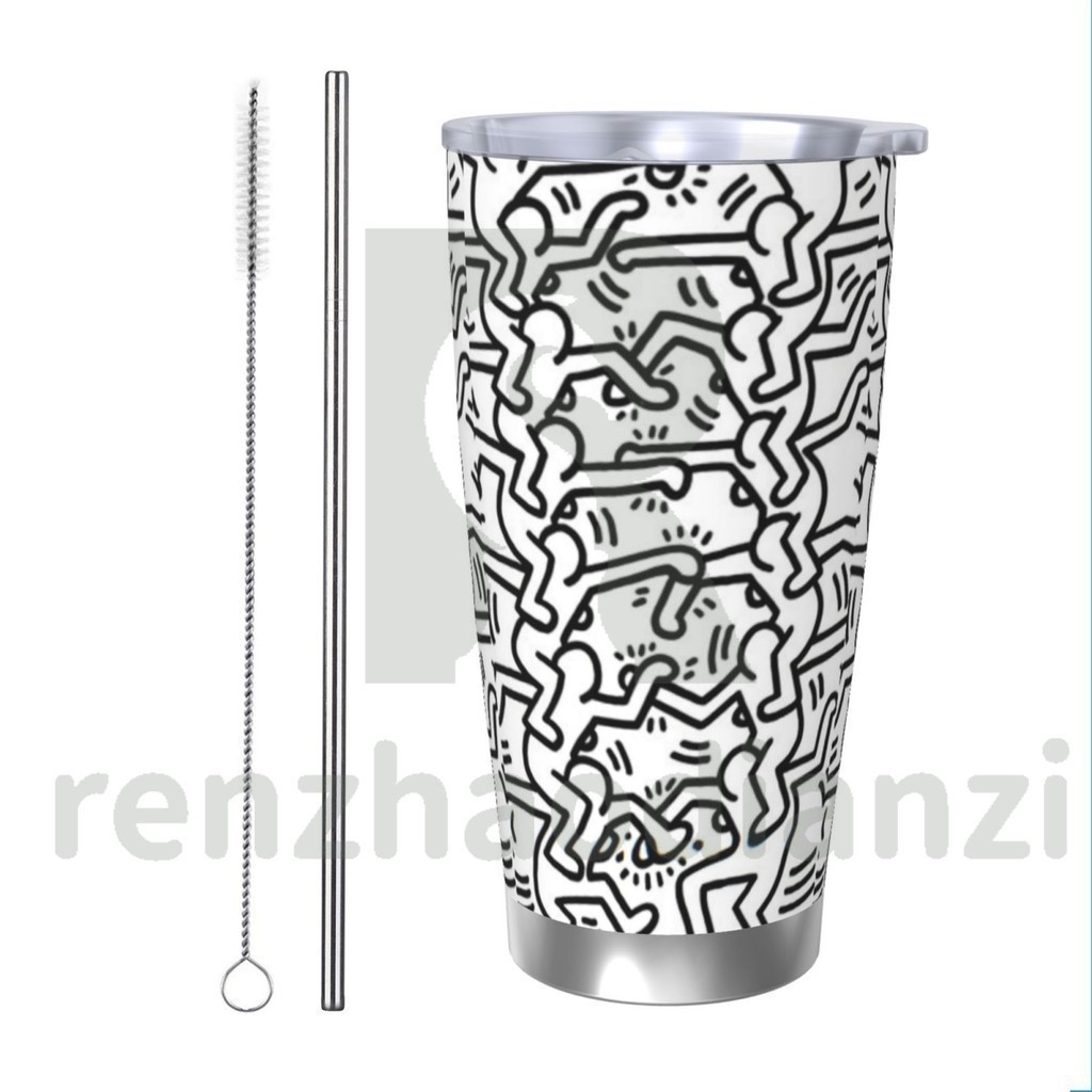 Keith Haring20 盎司咖啡杯帶蓋和吸管雙層真空絕緣不銹鋼旅行杯絕緣防漏粉末塗層不倒翁室內和室外