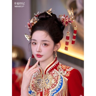 新中式新娘旗袍頭飾酒紅色花朵小古著秀禾髮飾龍鳳褂漢服配飾品蝶