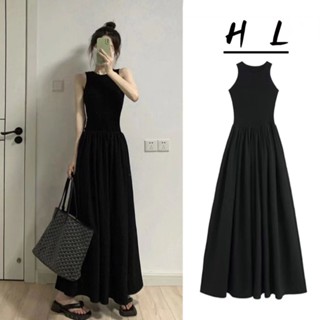 現貨.夏天洋裝 韓版法式吊帶無袖洋裝女夏季2024新款高階感高腰背心長裙a字小黑裙 連身裙 短袖洋裝 黑色洋裝 雪紡洋裝