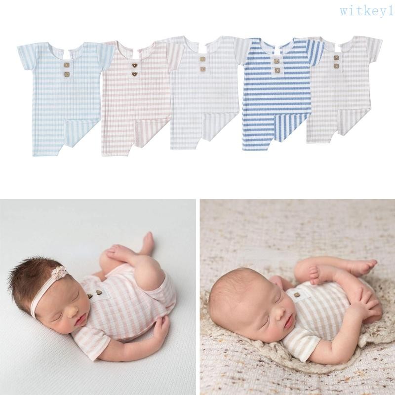 Wit 新生嬰兒攝影道具短袖連衣褲條紋印花鈕扣圓領嬰兒連身衣幼兒連體衣