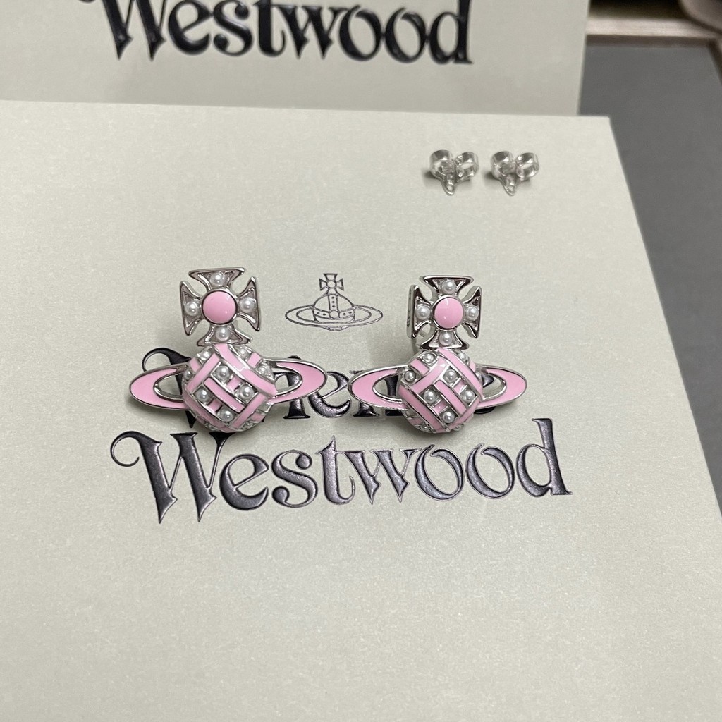 Vivienne Westwood 新品琺琅土星平面耳環粉色系高級烤漆星球鑲珍珠耳環