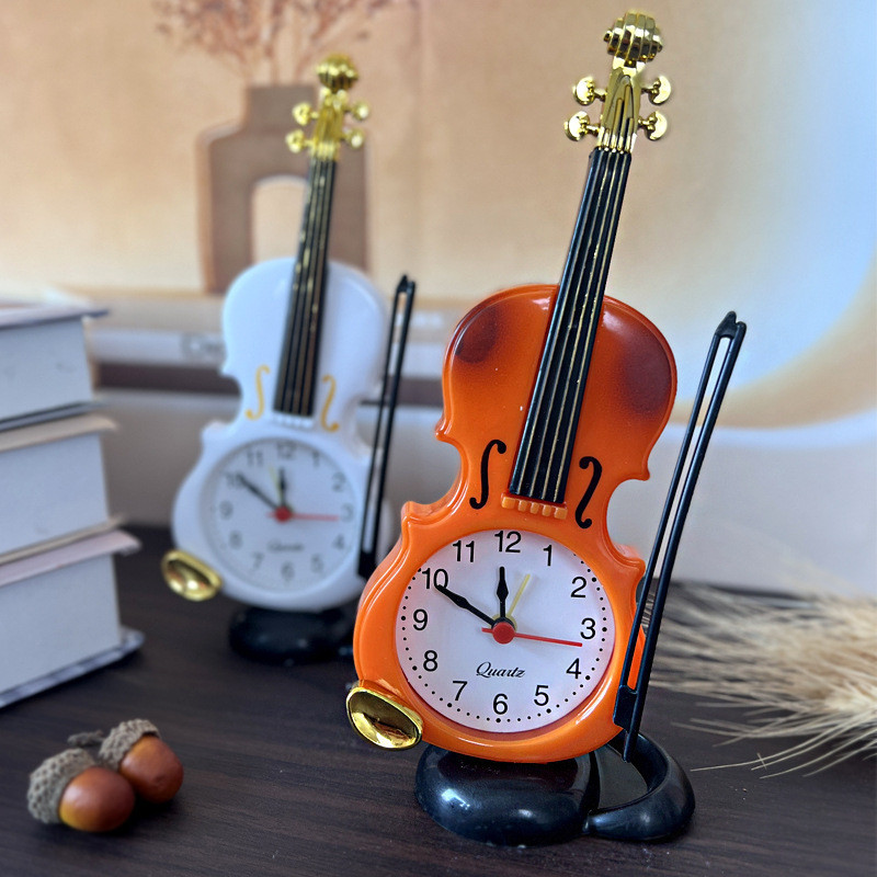 仿真小提琴鬧鐘 工廠批發直銷創意樂器造型桌面時鐘客廳擺件檯鐘
