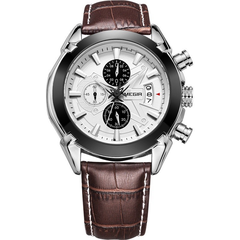 Megir 2020 多功能計時碼表男士石英手錶真皮奢侈品牌防水手錶 reloj hombre SZ3K