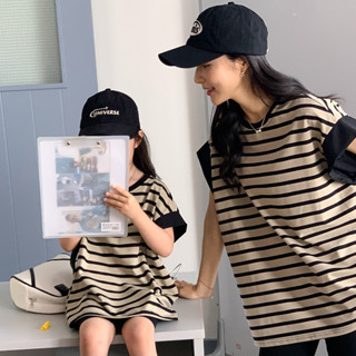 母女裝T恤潮條紋撞色顯瘦親子裝2024新款韓版洋氣復古慵懶風飛袖家庭搭配上衣