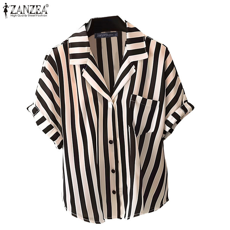 Zanzea 女士休閒翻領短袖條紋口袋襯衫