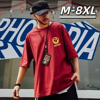🔥48H出貨 M-8XL 韓版潮牌笑臉印花上衣男 大尺碼短袖T恤 休閒男裝 寬鬆五分袖t恤 男生衣服 ove
